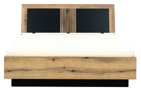 Lova Aris 180x200 cm su patalynės dėže ir LED apšvietimu, ąžuolo spalvos su juoda blizgia dalimi