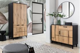 S line modulinis prieškambario baldų komplektas, plotis 183 cm, LMDP, su plastikinių reguliuojamų kojelių, švelnaus uždarymo mechanizmais, spalva Evoke ąžuolas + juoda