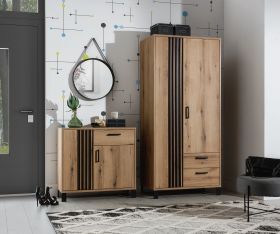 Prieškambario komplektas Noel A, 176 cm pločio, modulinis, MDF, Evoke ąžuolas su juoda, reguliuojamos plastikines kojelės.