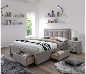 Lova Evora 160x200 su rusvu gobelenu, keturiais patalynės stalčiais ir medinėmis kojelėmis