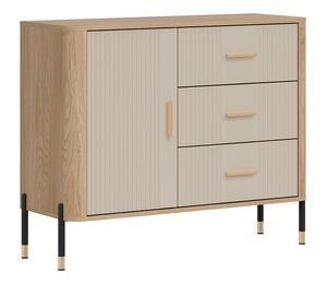 Komoda su auksinėmis metalinėmis rankenėlėmis ir soft-close mechanizmu