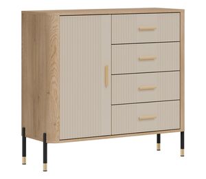 Aukšta komoda Dante su kašmyro spalvos fasadais ir auksinėmis rankenėlėmis