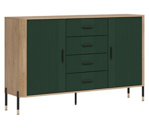 Moderni komoda su 4 stalčiais ir dviem durimis, spalva žalia matinė