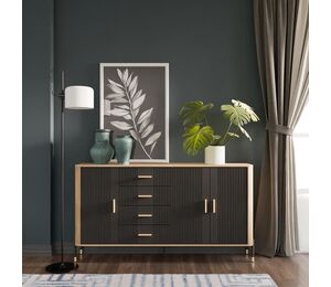 Komoda su ąžuolo spalvos korpusu ir žaliais MDF fasadais