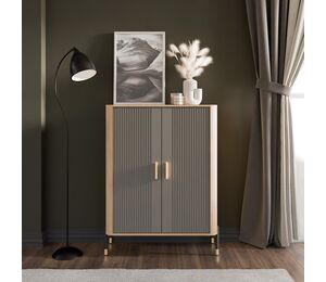 Dviejų durų spintelė su ąžuolo korpusu ir pilkais fasadais