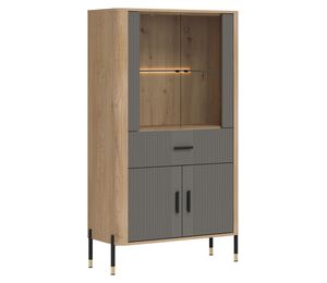 Vitrina su natūralaus ąžuolo spalvos korpusu ir matiniais MDF fasadais