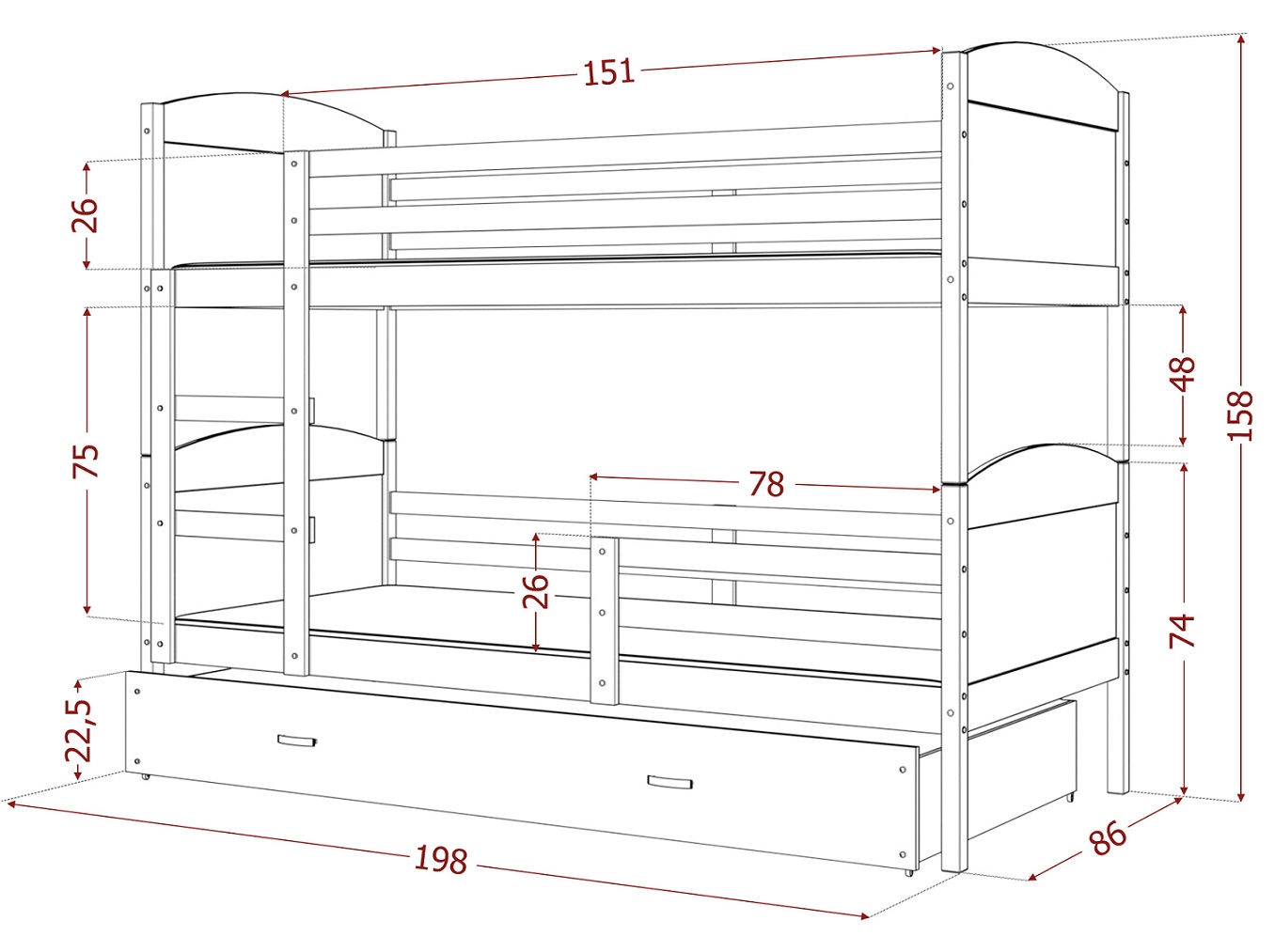 Dviaukštė trivietė lova Mateusz 90x200 - Image 2