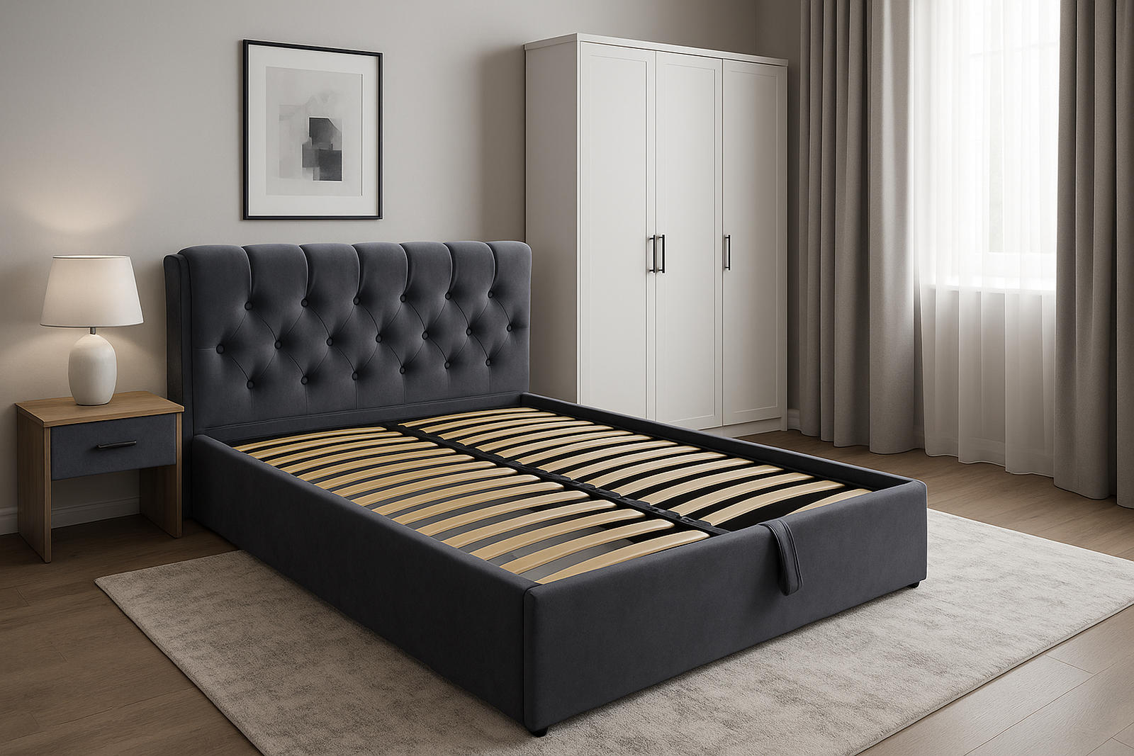 Lova Imperija su patalynės dėže ir metalinėmis grotelėmis