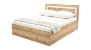 Dvigulė lova Panama 160 „Grand“ ąžuolo ir baltos spalvos su pakeltomis grotelėmis ir patalynės dėže.