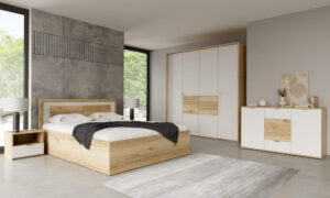 Miegamojo baldų komplektas Panama „Grand“ ąžuolo ir baltos spalvos: lova su patalynės dėže, spinta ir naktiniai staliukai.