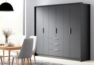 Plati šešių durų spinta Bangkok 255 su lentynomis ir stalčiais