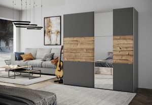 Spinta Bastia 200 Lux – stumdomų durų spinta su veidrodžiu ir lentynomis