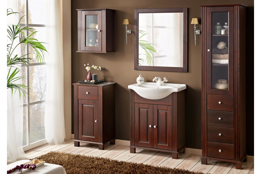 Vonios komplektas Retro 65 – rudos spalvos klasikiniai vonios baldai su praustuvu, veidrodžiu ir aukšta spintele