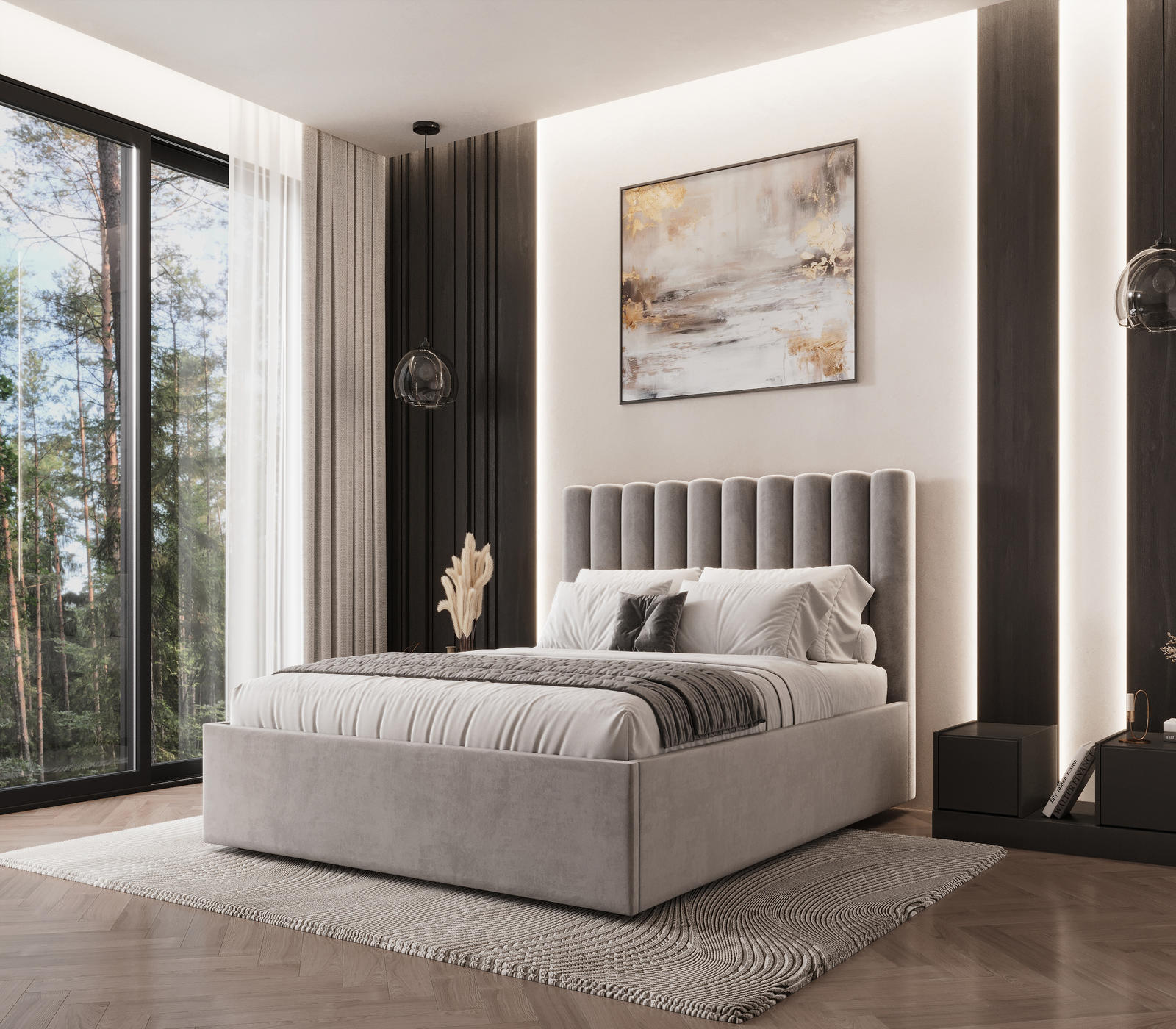 Lova Taylor pilka, moderni miegamojo lova su grotelių rėmu