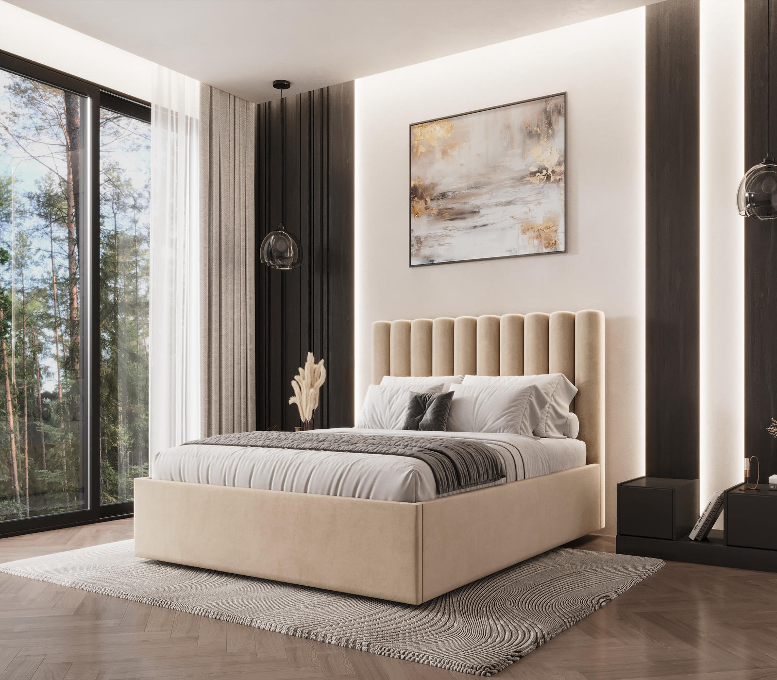 Smėlio spalvos lova Taylor su pakėlimo mechanizmu