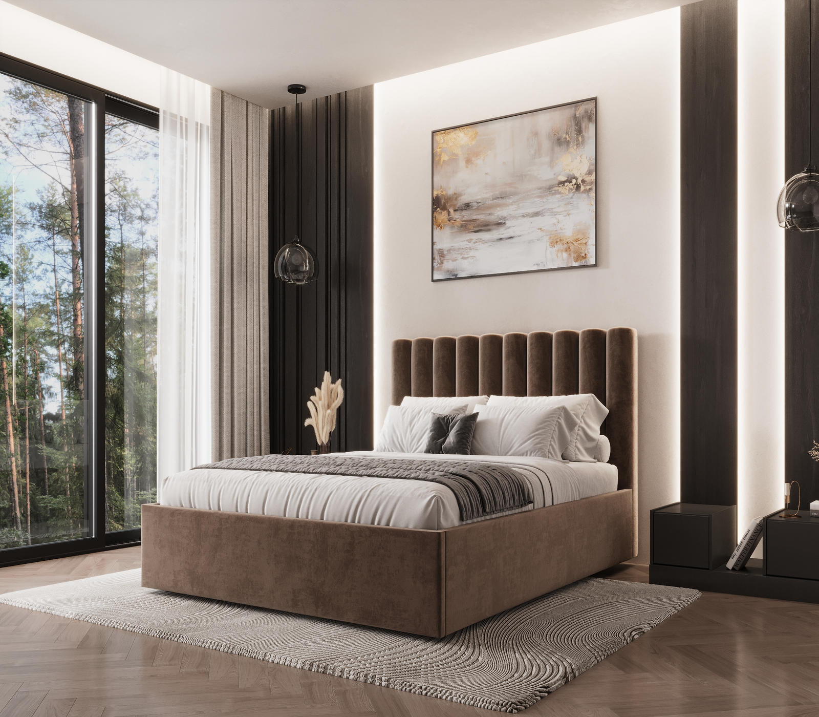 Ruda lova Taylor su talpia patalynės dėže