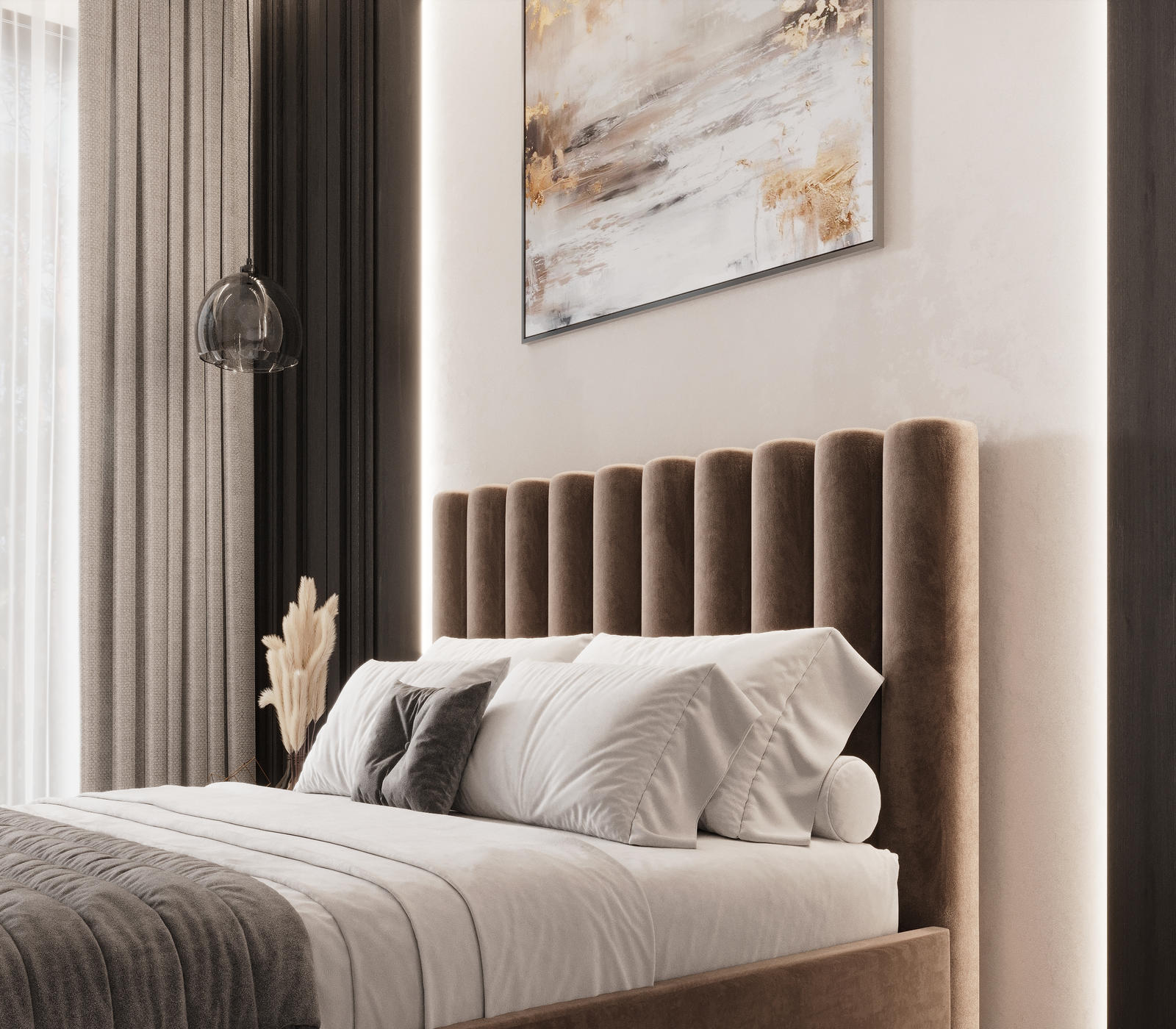 Ruda lova Taylor, vertikalus galvūgalis, miegamojo interjeras