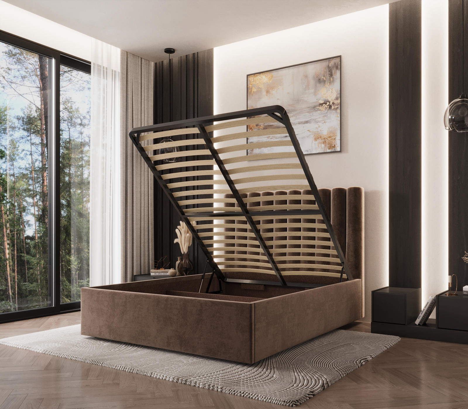 Lova Taylor ruda su metalinėmis grotelėmis ir dujiniais pakėlėjais