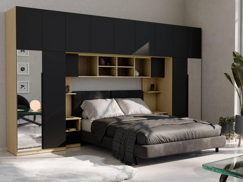 Modulinė sienelė Jula Ąžuolas Artisan ir juoda su veidrodžiu niša lovai bei spintomis