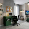 Žalios spalvos darbo stalas Siena su stalčiais moderniame darbo kambaryje