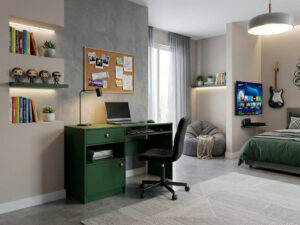 Žalios spalvos darbo stalas Siena su stalčiais moderniame darbo kambaryje