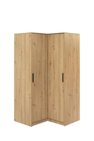 Kampinė spinta Kos Artisan ąžuolo spalvos šviesiame kambario kampe