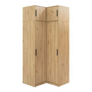 Kampinė spinta Kos su antresole Artisan ąžuolo spalvos moderniame interjere