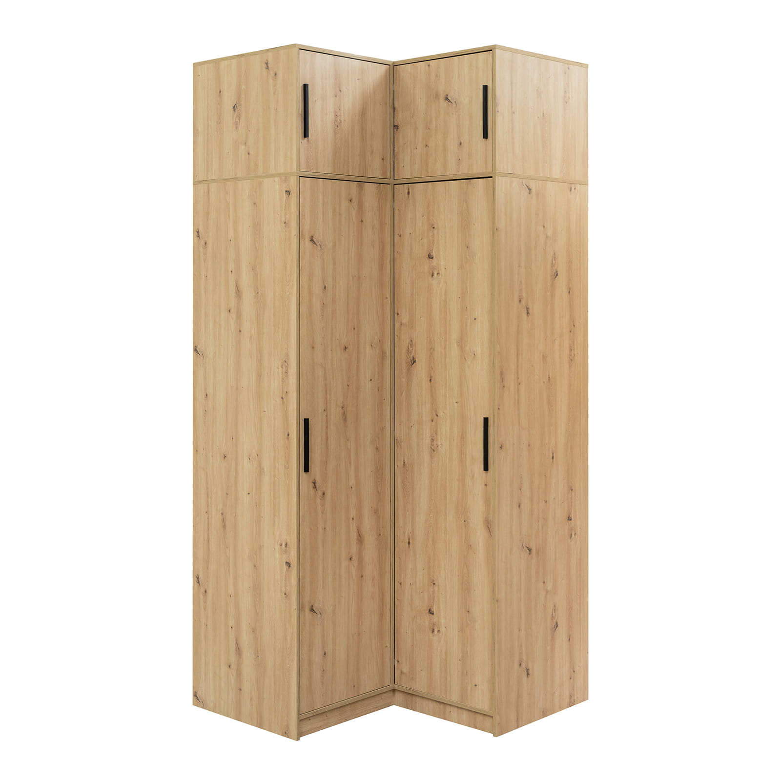 Kampinė spinta Kos su antresole Artisan ąžuolo spalvos moderniame interjere