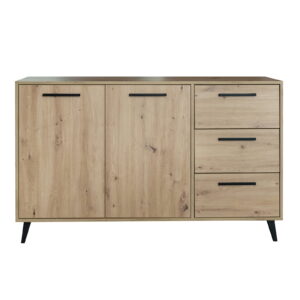 Komoda Kos Artisan ąžuolo spalvos su stalčiais šviesiame kambario interjere