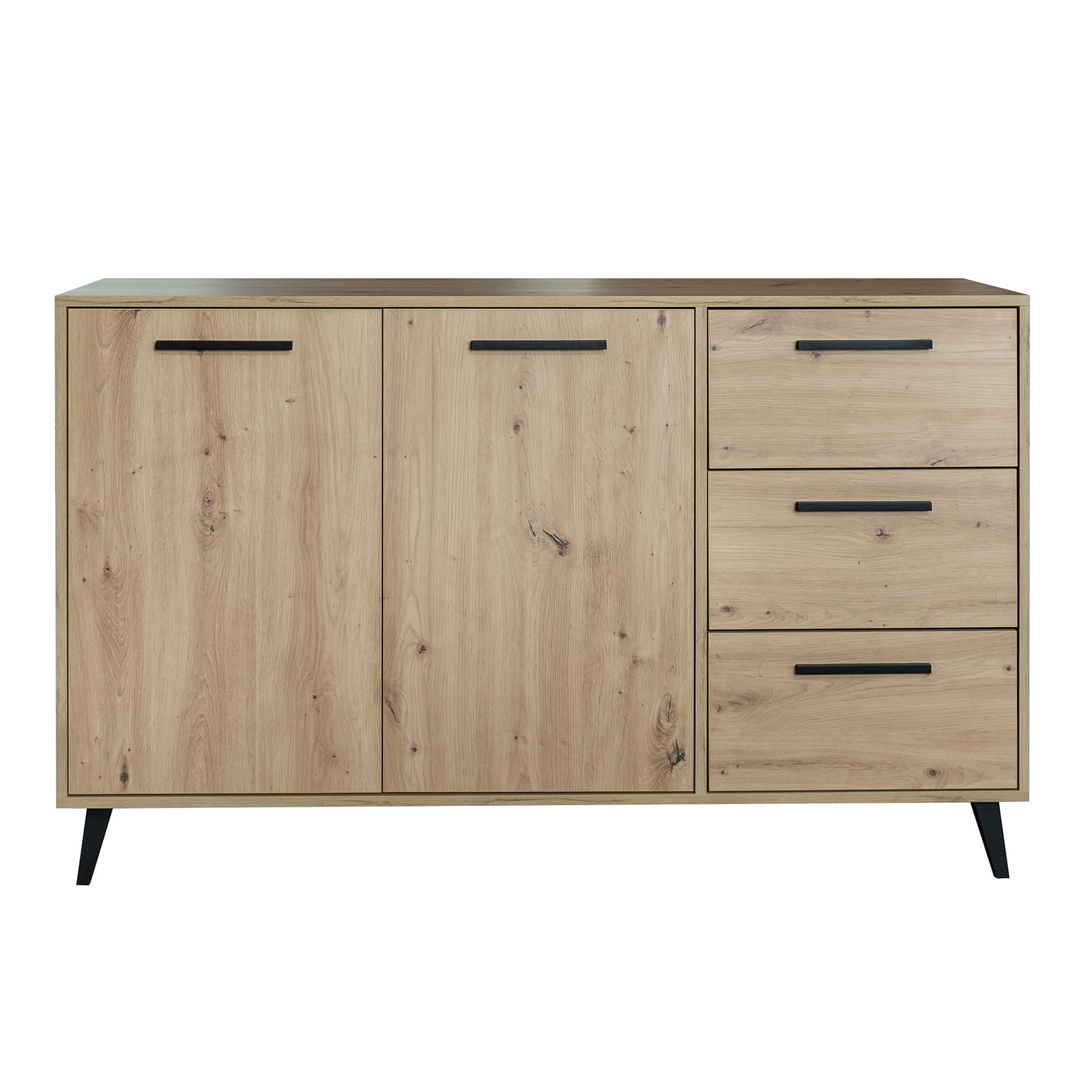 Komoda Kos Artisan ąžuolo spalvos su stalčiais šviesiame kambario interjere