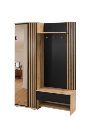 Prieškambario komplektas Milo 140 su lamelėmis, wotan ąžuolas ir juoda spalva su veidrodžiu
