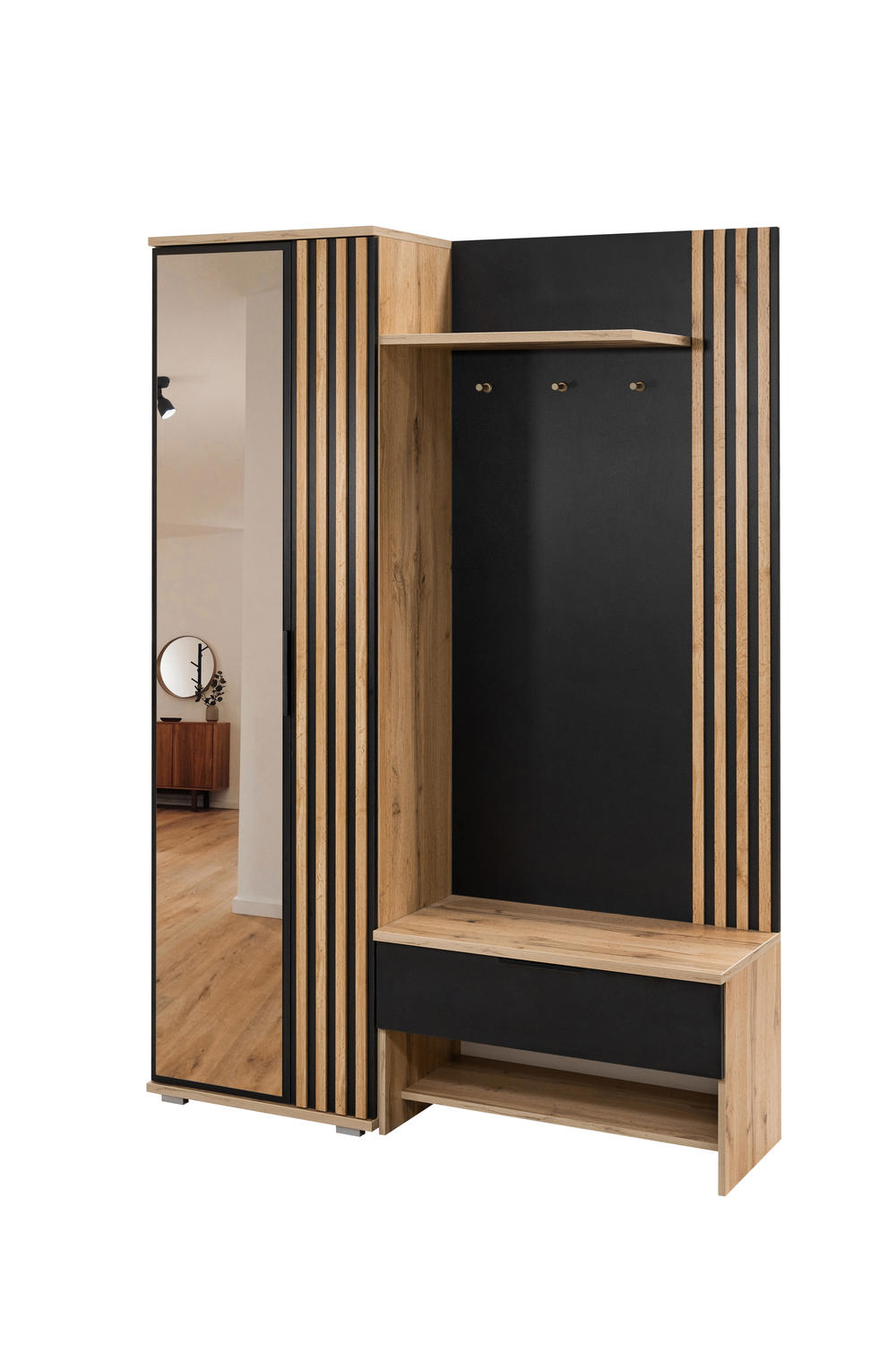 Prieškambario komplektas Milo 140 su lamelėmis, wotan ąžuolas ir juoda spalva su veidrodžiu