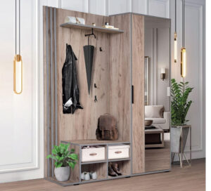 Prieškambario komplektas Solo pilkas ąžuolas su veidrodžiu šviesiame interjere.