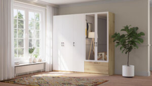 Penkių durų spinta Alta 5D1S su veidrodžiu balta Artisan ąžuolas