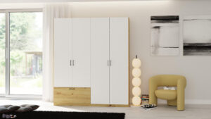 Moderni 4 durų spinta Alta 4D1S balta Artisan ąžuolas lygiu fasadu