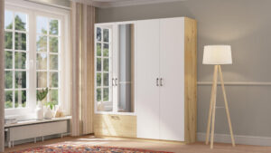 Moderni 4 durų spinta Alta 4d1s su veidrodžiu balta Artisan ąžuolas