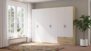 Moderni 6 durų spinta Alta 6D balta Artisan ąžuolas be veidrodžio