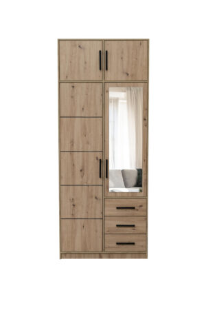 Spinta Kos D2 su antresole Artisan ąžuolo spalvos su veidrodžiu šviesiame kambaryje