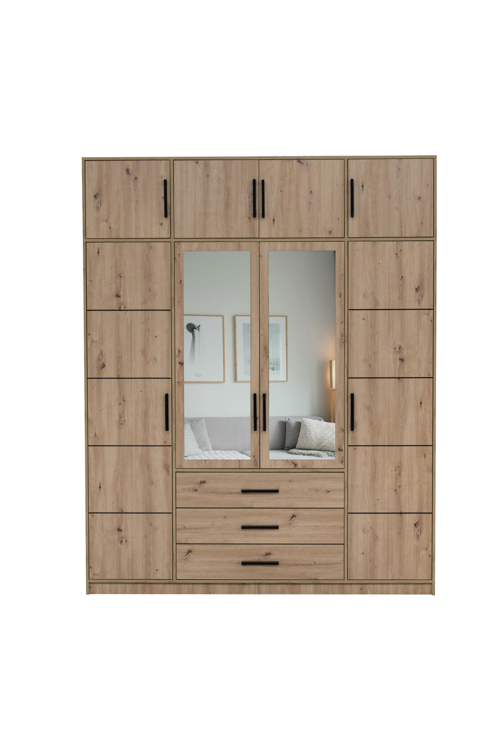 Spinta Kos D4 su antresole Artisan ąžuolo spalvos su veidrodžiais erdviame interjere