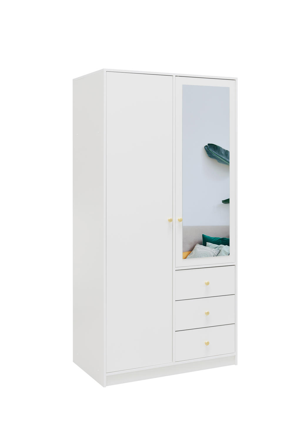 Spinta Siena D2 balta su veidrodžiu ir stalčiais miegamojo interjere