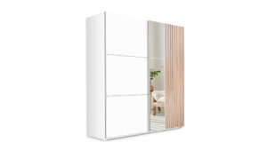 Šviesios Wotan ąžuolo ir baltos spalvos spinta Sintra 203 su stumdomomis durimis ir veidrodžiu.