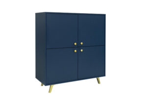 Mėlynos spalvos spintelė Siena 4D su keturiomis durelėmis šiuolaikiniame interjere.