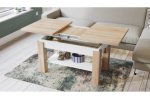 Transformuojamas stalas Astoria betono spalvos svetainės interjere prie sofos.