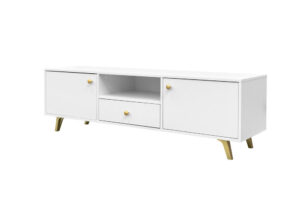 Baltos spalvos TV staliukas Siena šviesiame svetainės interjere.