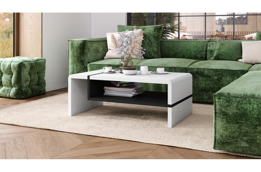 Žurnalinis staliukas Folk balta ir betono spalva moderniame svetainės interjere.