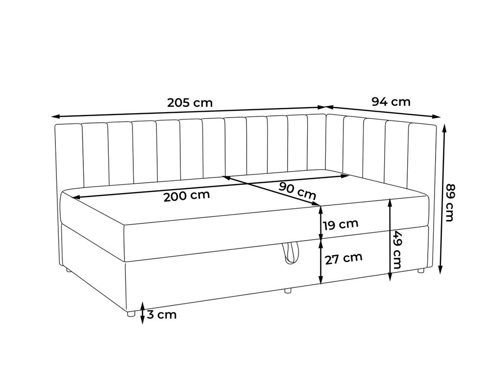 Viengulės lovos Emi 90 matmenų brėžinys su nurodytu 205 cm ilgiu, 94 cm pločiu ir 89 cm aukščiu.