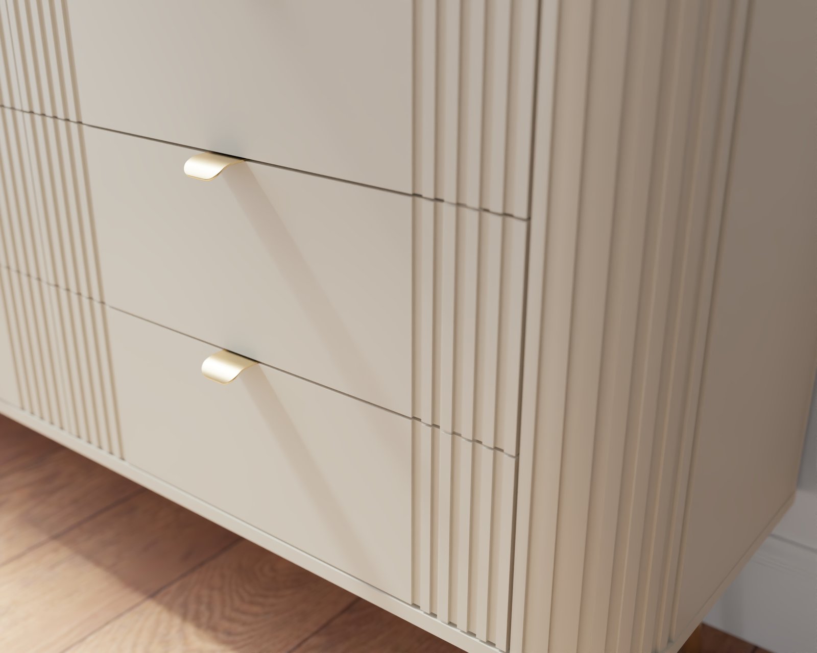 Komodos Onyx 4S MDF fasado ir metalinių rankenėlių detalė