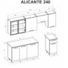 Virtuvės komplekto Alicante 240 techninis brėžinys su modulių matmenimis