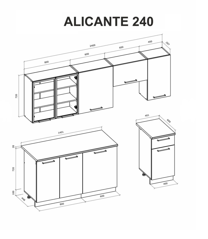 Virtuvės komplekto Alicante 240 techninis brėžinys su modulių matmenimis