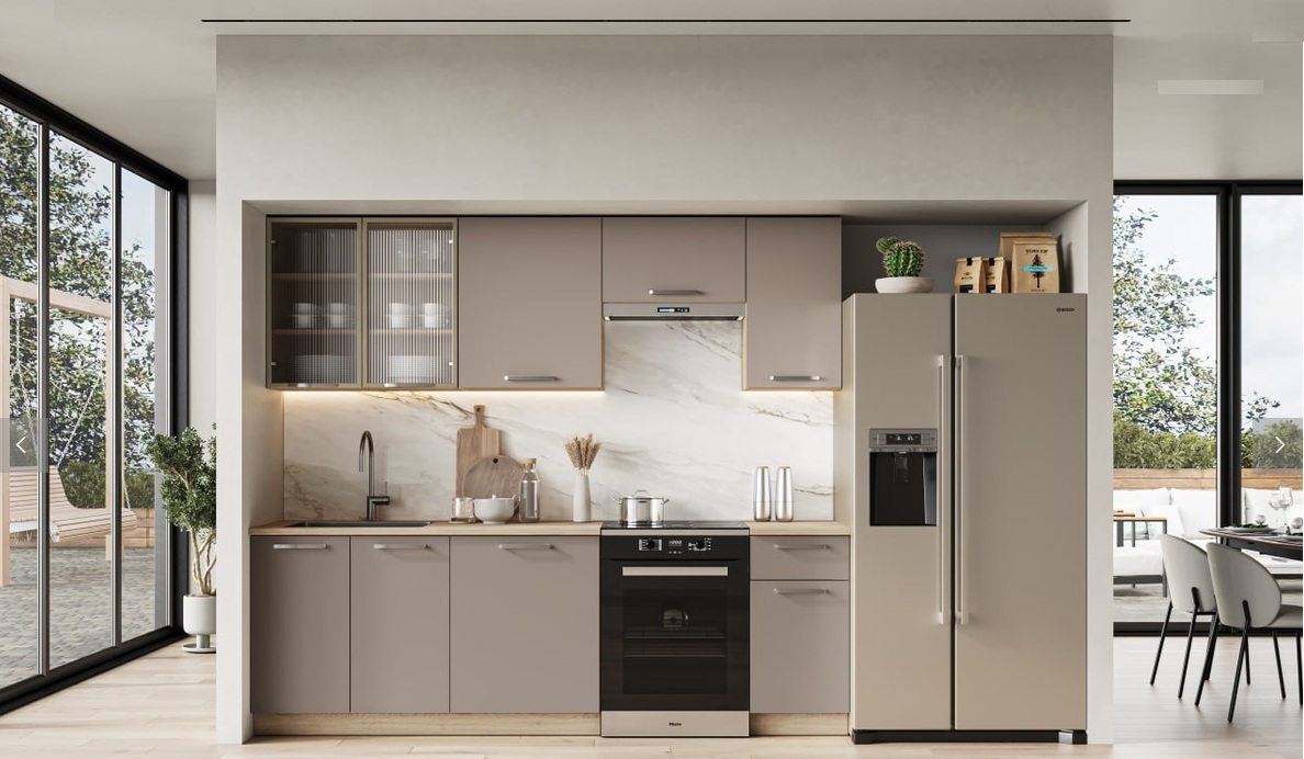 Virtuvės komplektas Alicante 240 su taupe spalvos fasadais ir Cremona ąžuolo stalviršiu